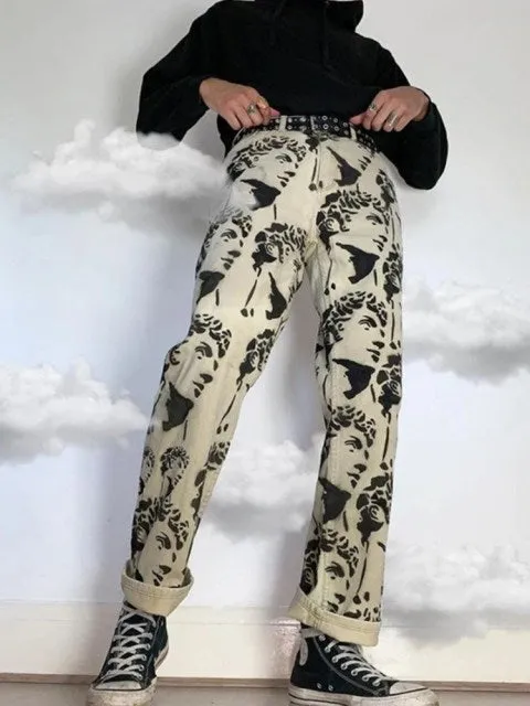 Aidase New Printed Statuary Jeans Loose Straight Men Denim Biker Casual Pants Hip Hop Man Jean Hombre Pantalon Artistic Work Size S-3XL