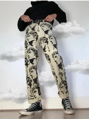 Aidase New Printed Statuary Jeans Loose Straight Men Denim Biker Casual Pants Hip Hop Man Jean Hombre Pantalon Artistic Work Size S-3XL