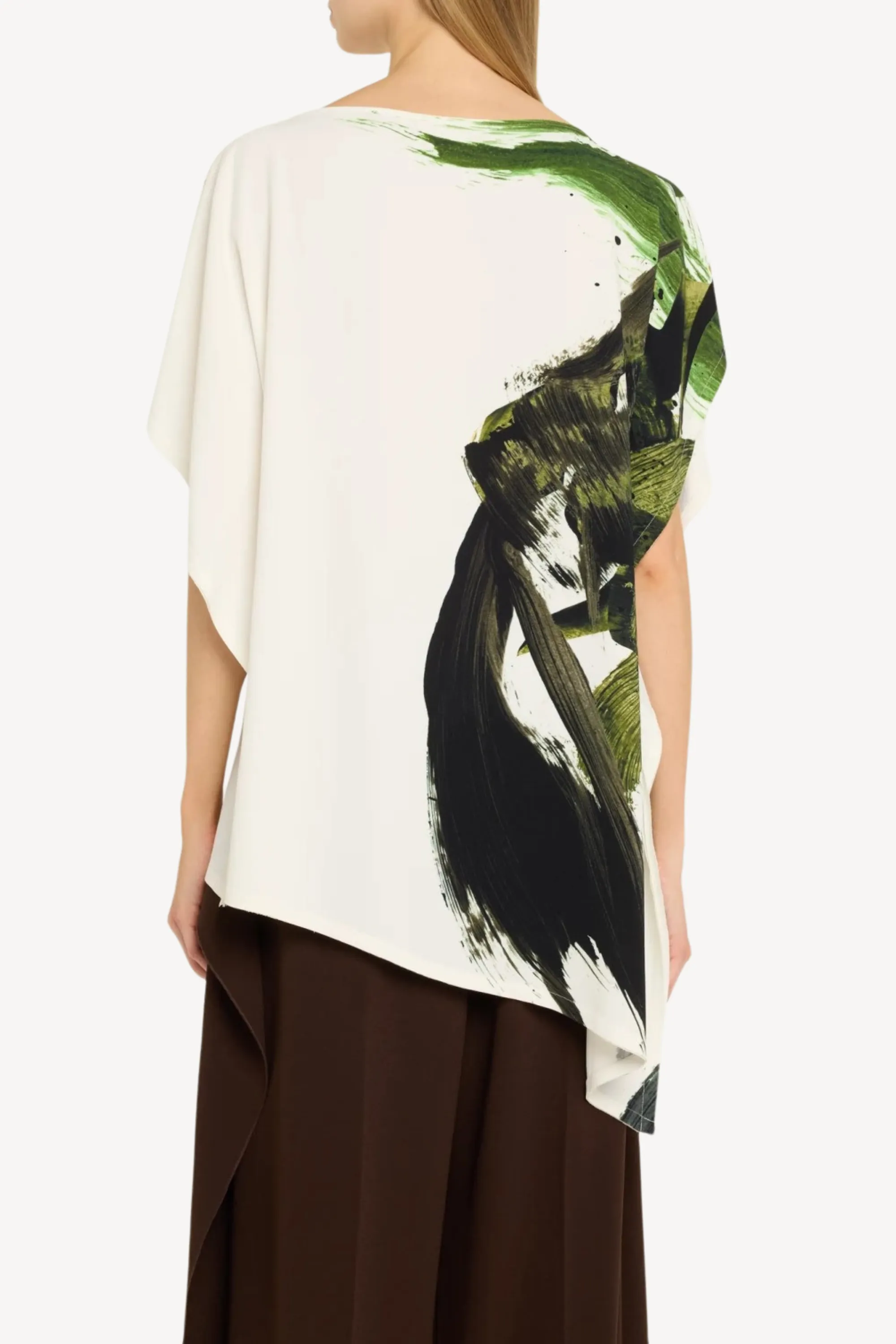 ASYMMETRICAL BRUSHSTROKE PRINTED CREPE BOATNECK TOP