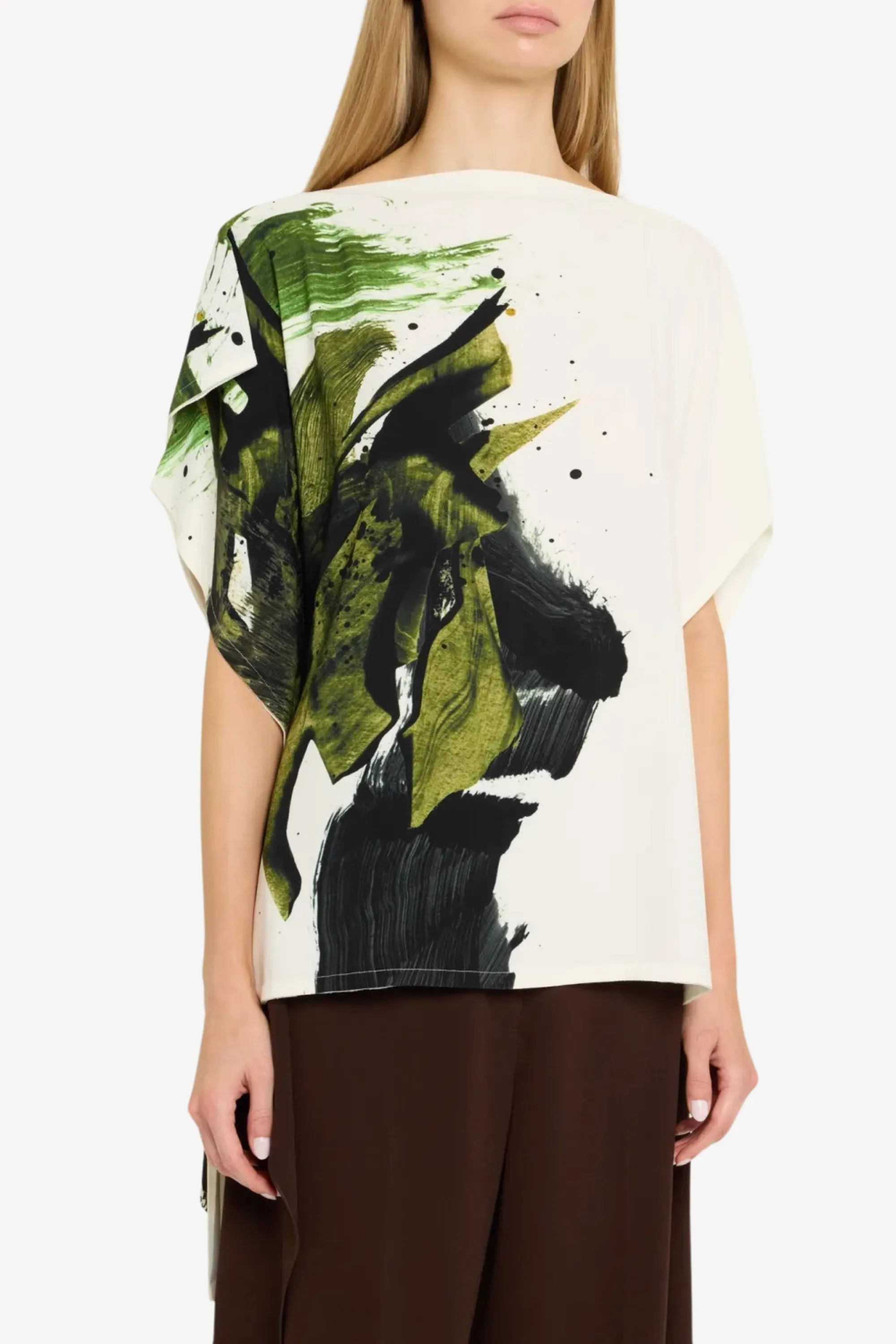 ASYMMETRICAL BRUSHSTROKE PRINTED CREPE BOATNECK TOP