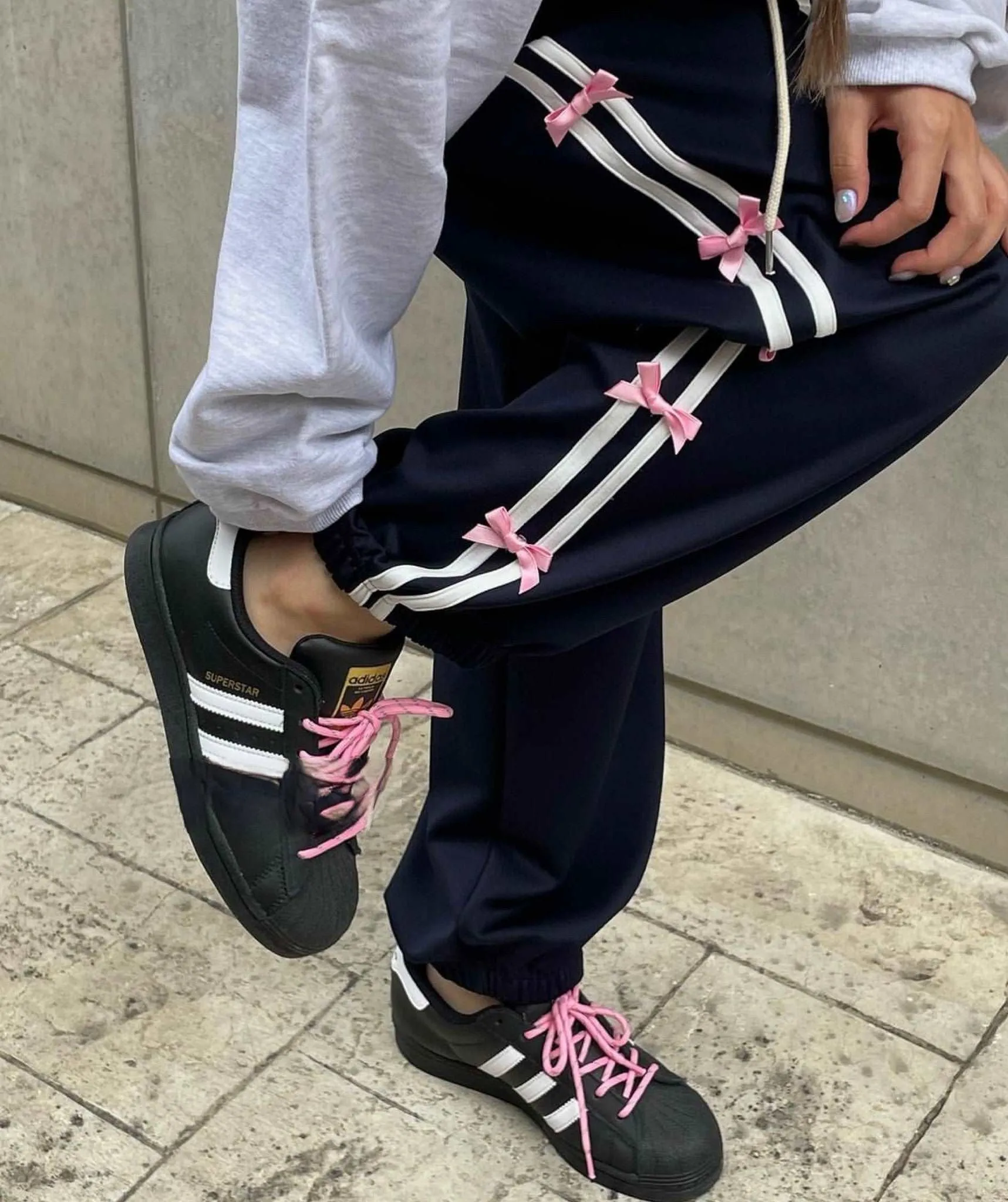 Balletcore Bow Black Pink High Waist Elastic Sweatpants Pants