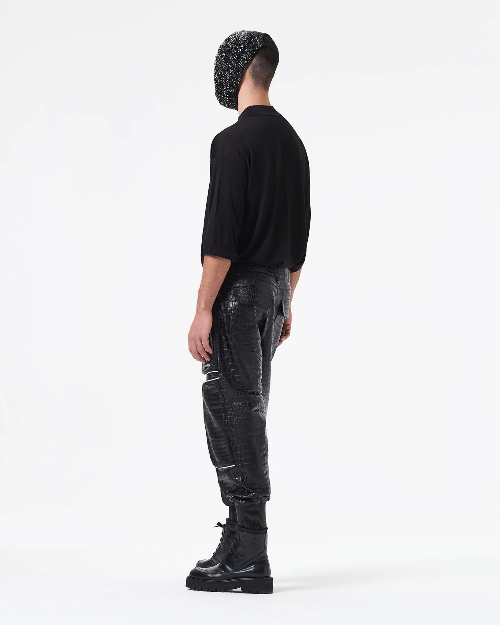 BLACK CROCODILE LEATHER PANTS