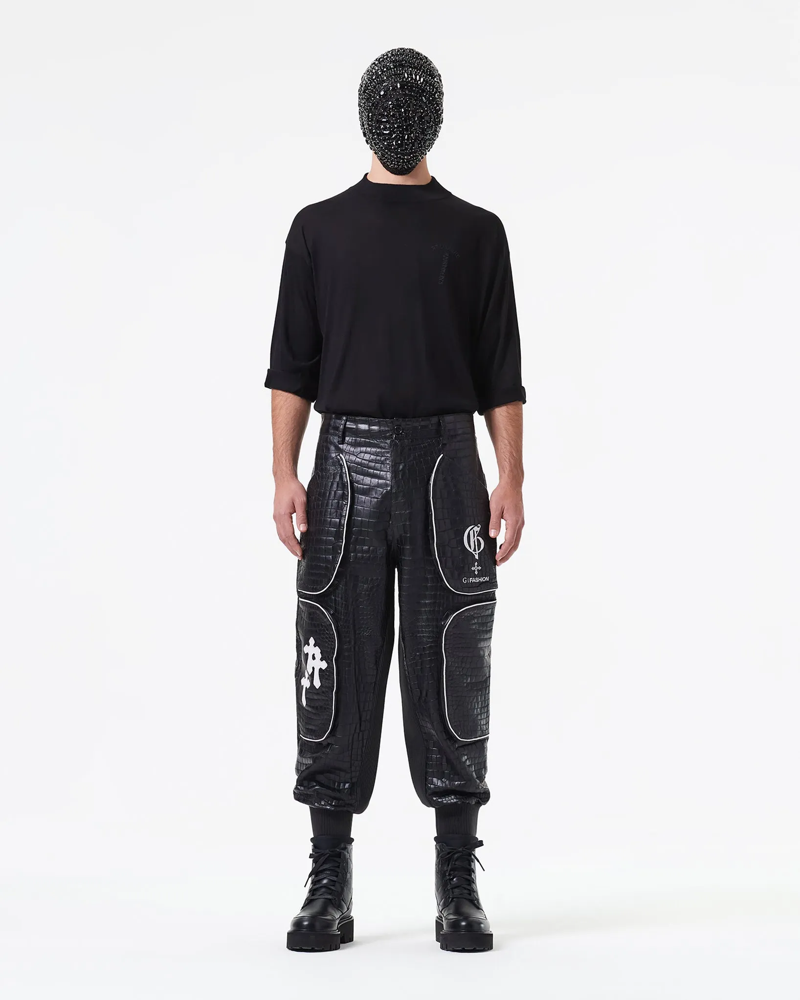 BLACK CROCODILE LEATHER PANTS