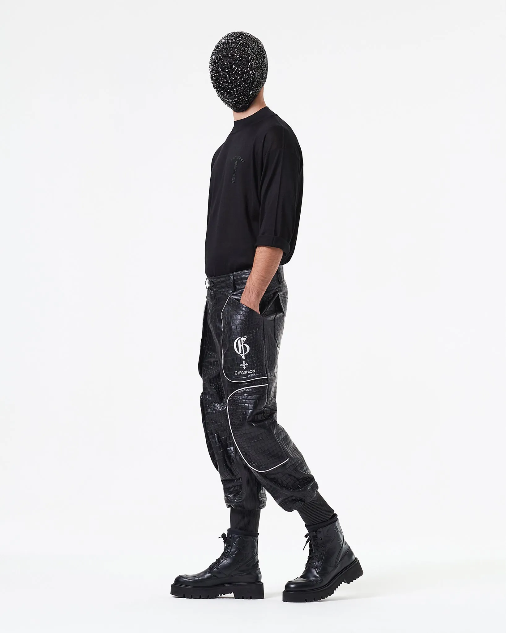 BLACK CROCODILE LEATHER PANTS