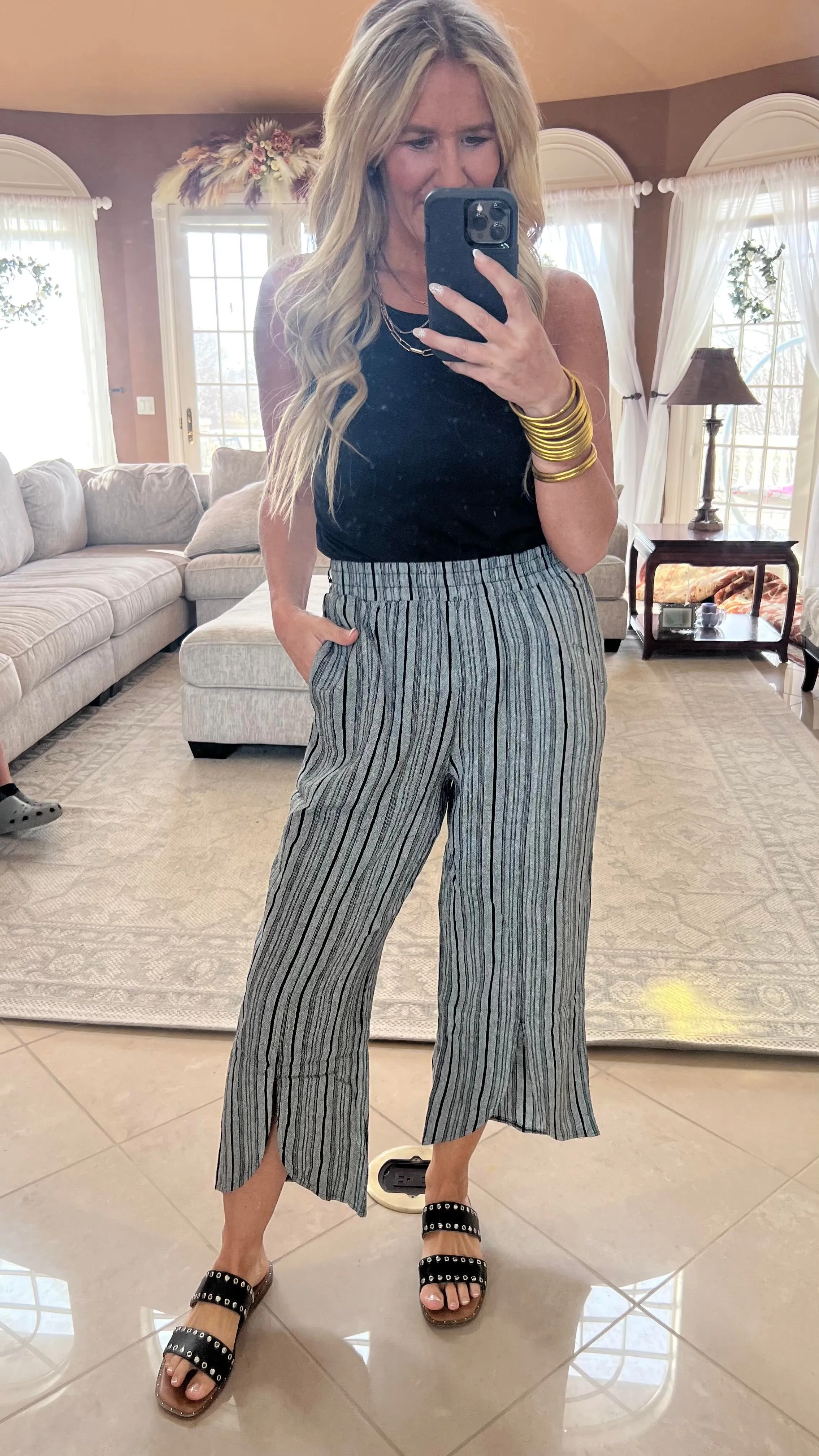 Black Striped Linen Wide Leg Cropped Capri