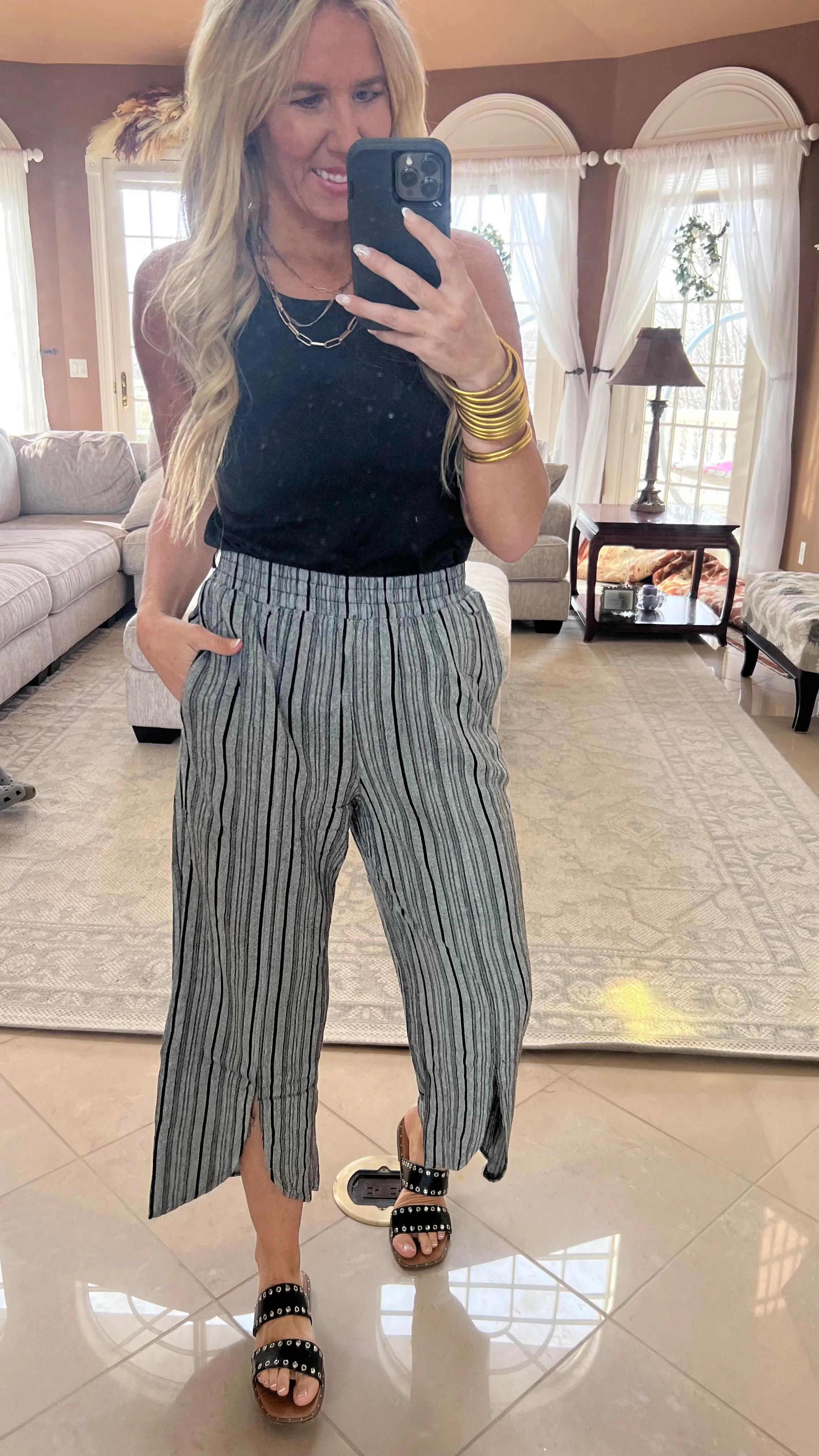 Black Striped Linen Wide Leg Cropped Capri