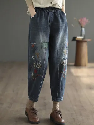 Casual Loose Embroidered Elasticity Harem Denim Pants LY3970