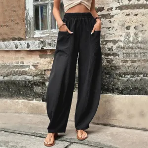 Color Cotton Hemp Elastic Waist Wide-leg Pants