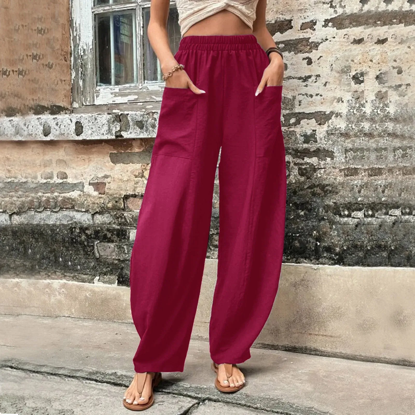 Color Cotton Hemp Elastic Waist Wide-leg Pants