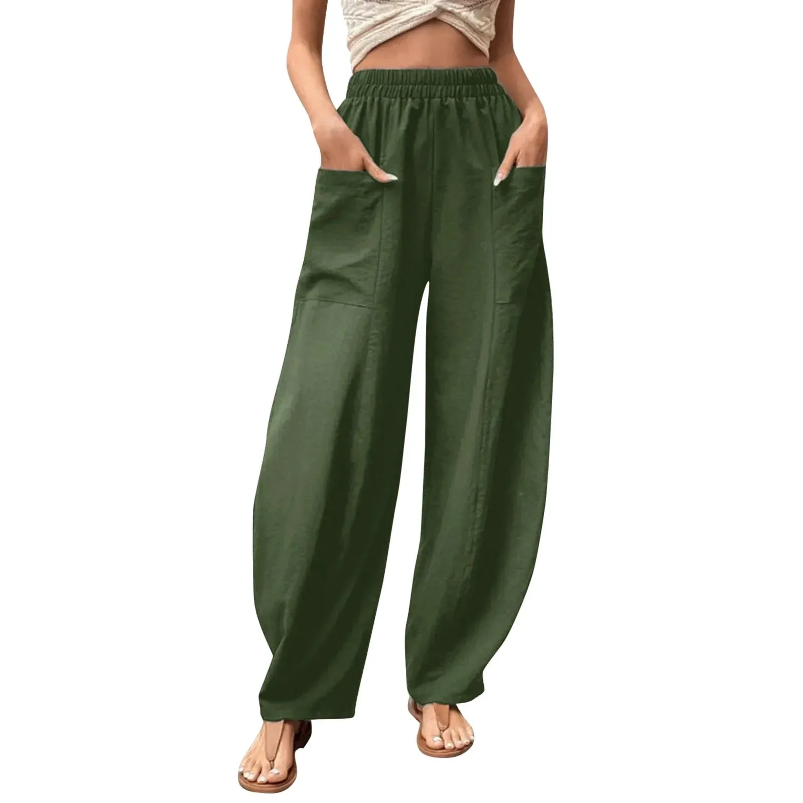 Color Cotton Hemp Elastic Waist Wide-leg Pants