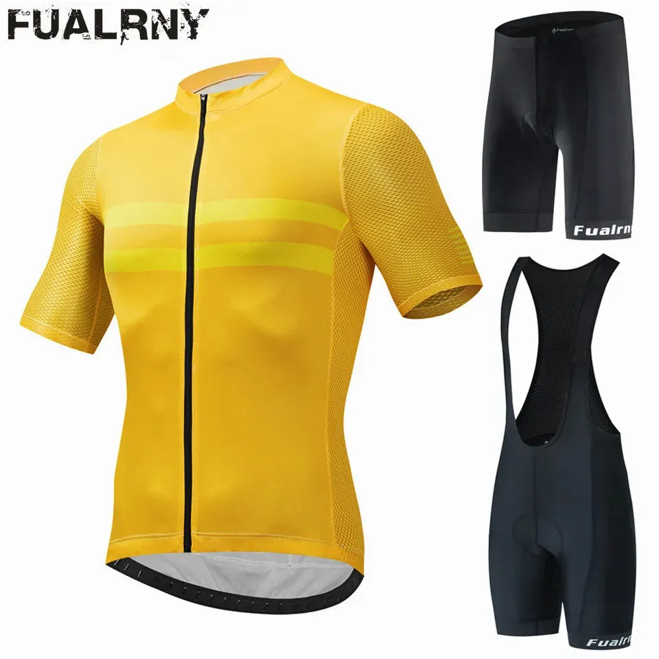 FUALRNY Cycling Jersey Set Summer Short Sleeve Breathable Yellow MTB Bike Cycling Clothing Maillot Ropa Ciclismo Uniform Suit