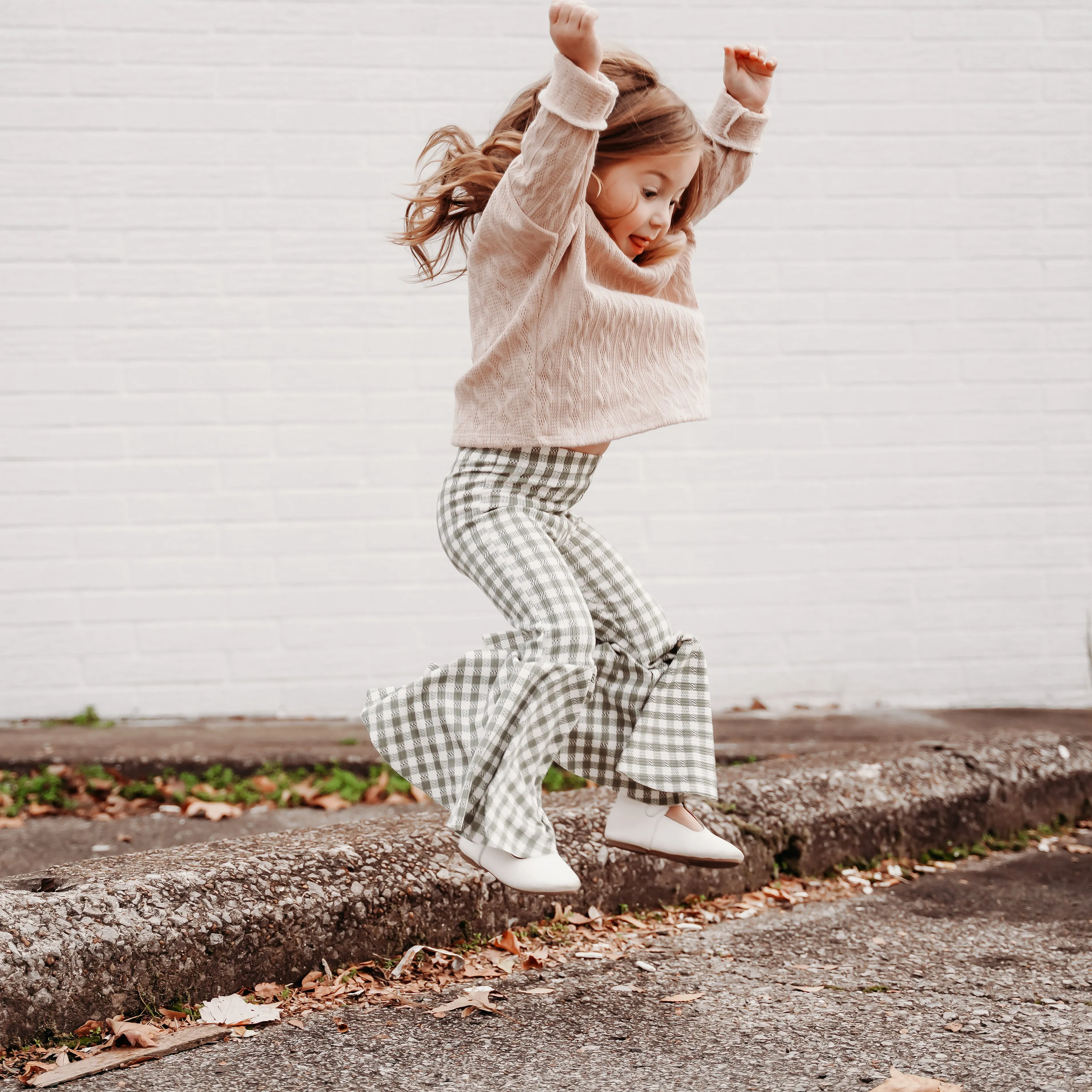 Girls Bell Bottoms in Sage Green Gingham print