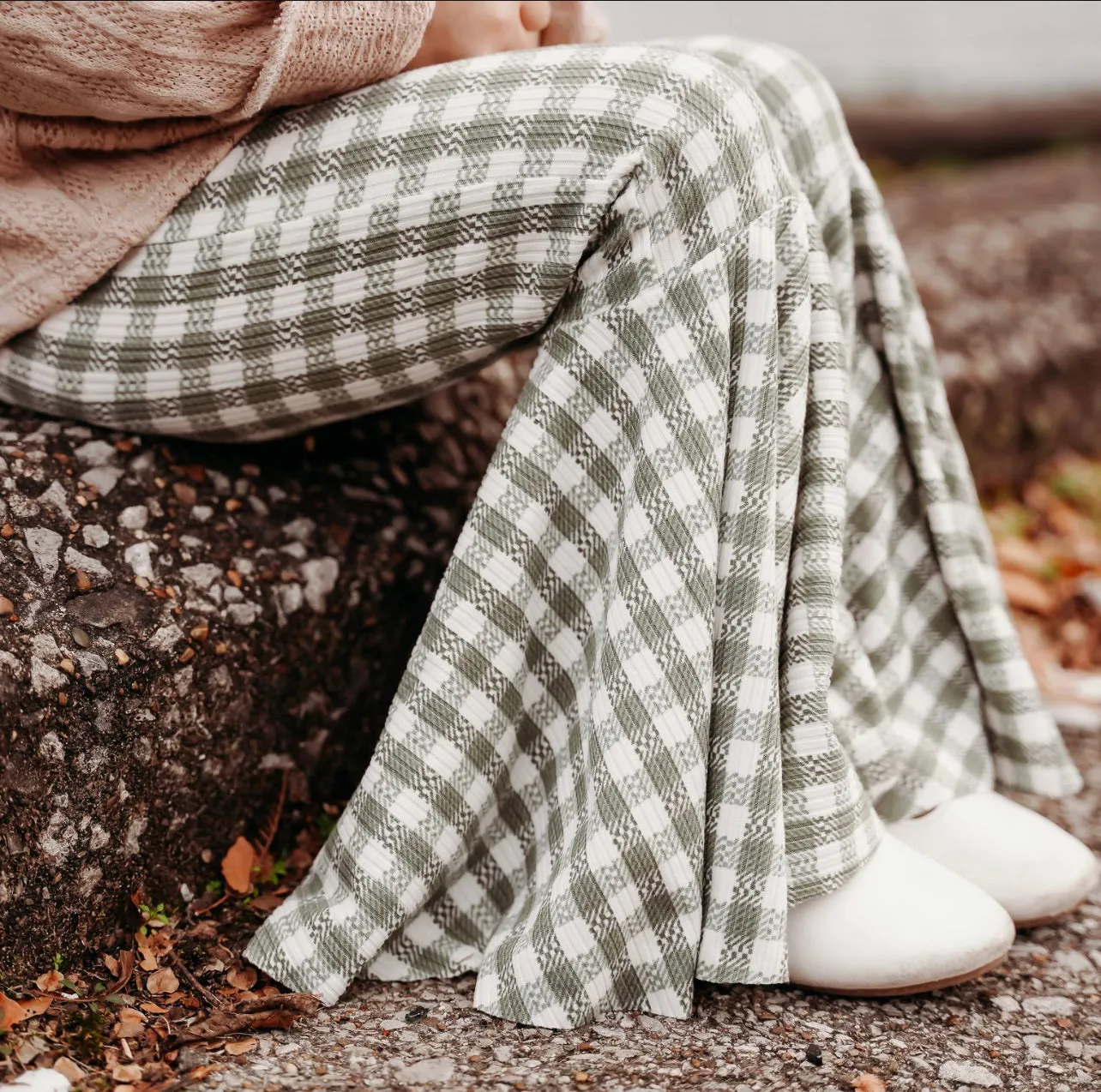 Girls Bell Bottoms in Sage Green Gingham print