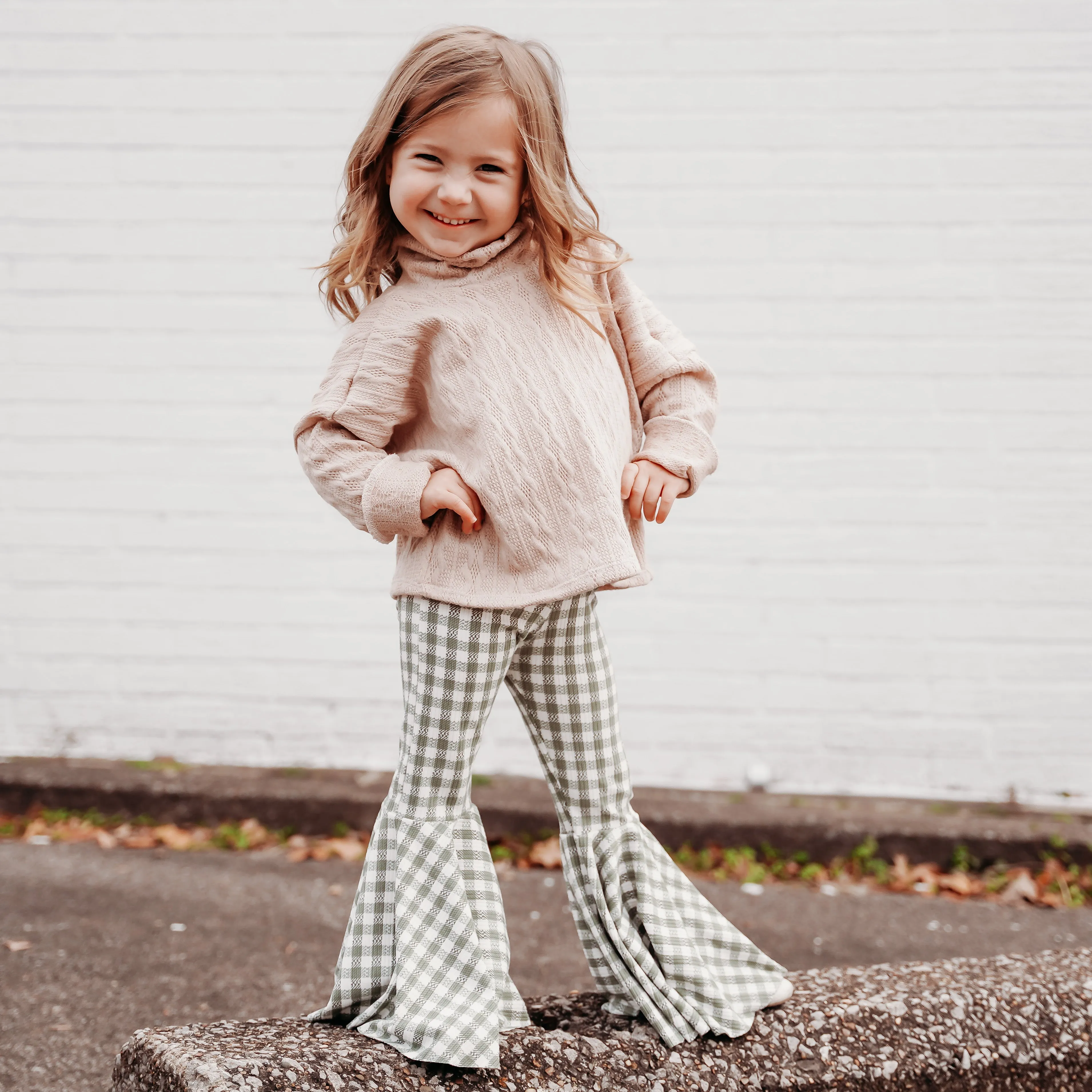 Girls Bell Bottoms in Sage Green Gingham print