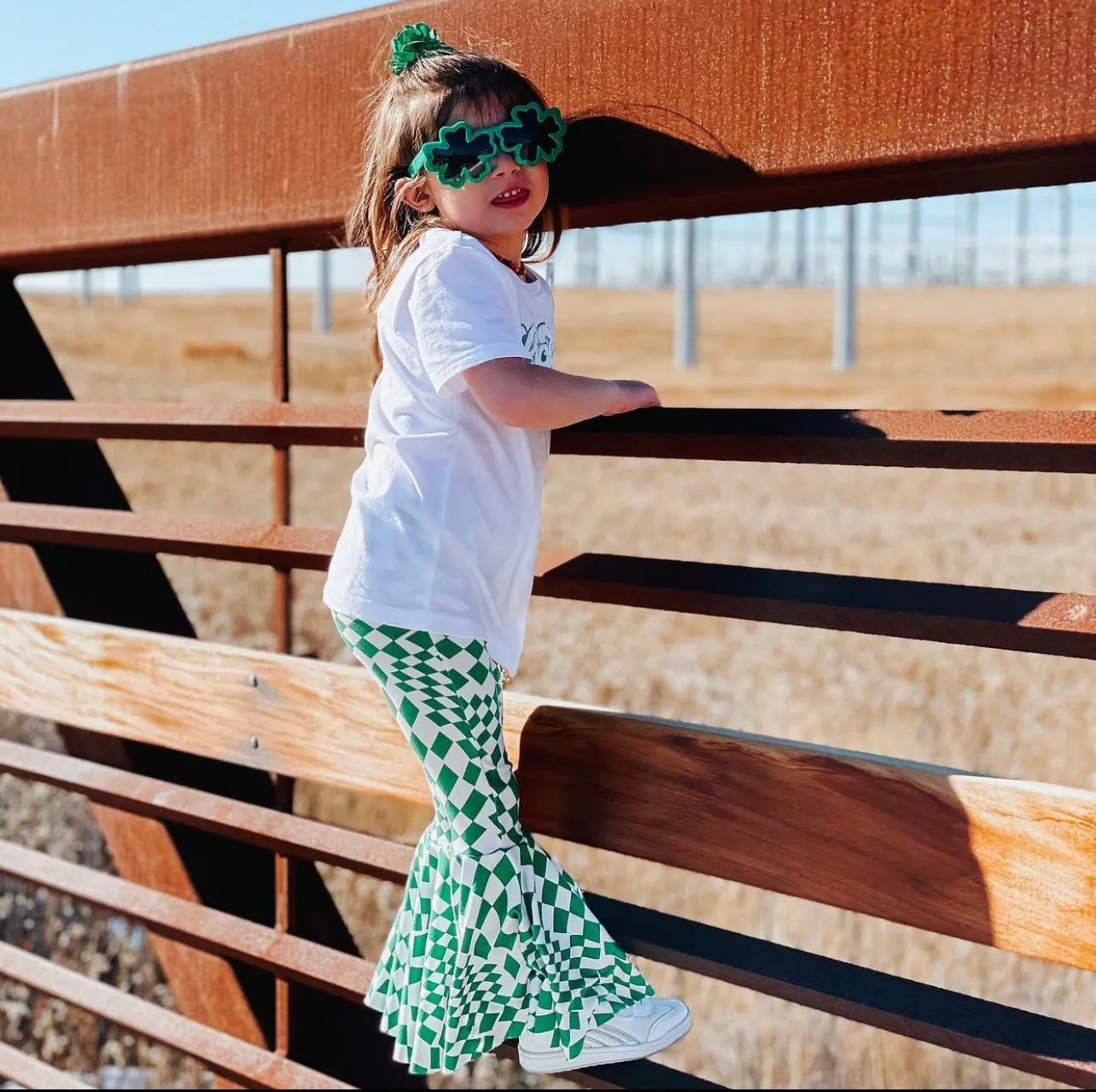 Green Checkered Print Bell Bottom Pants