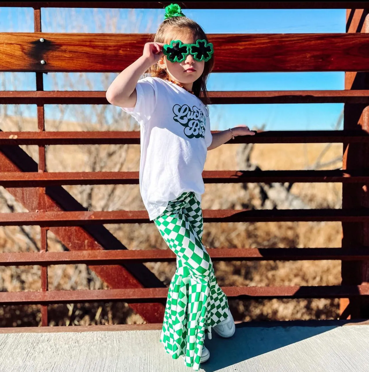 Green Checkered Print Bell Bottom Pants