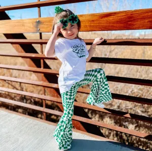 Green Checkered Print Bell Bottom Pants