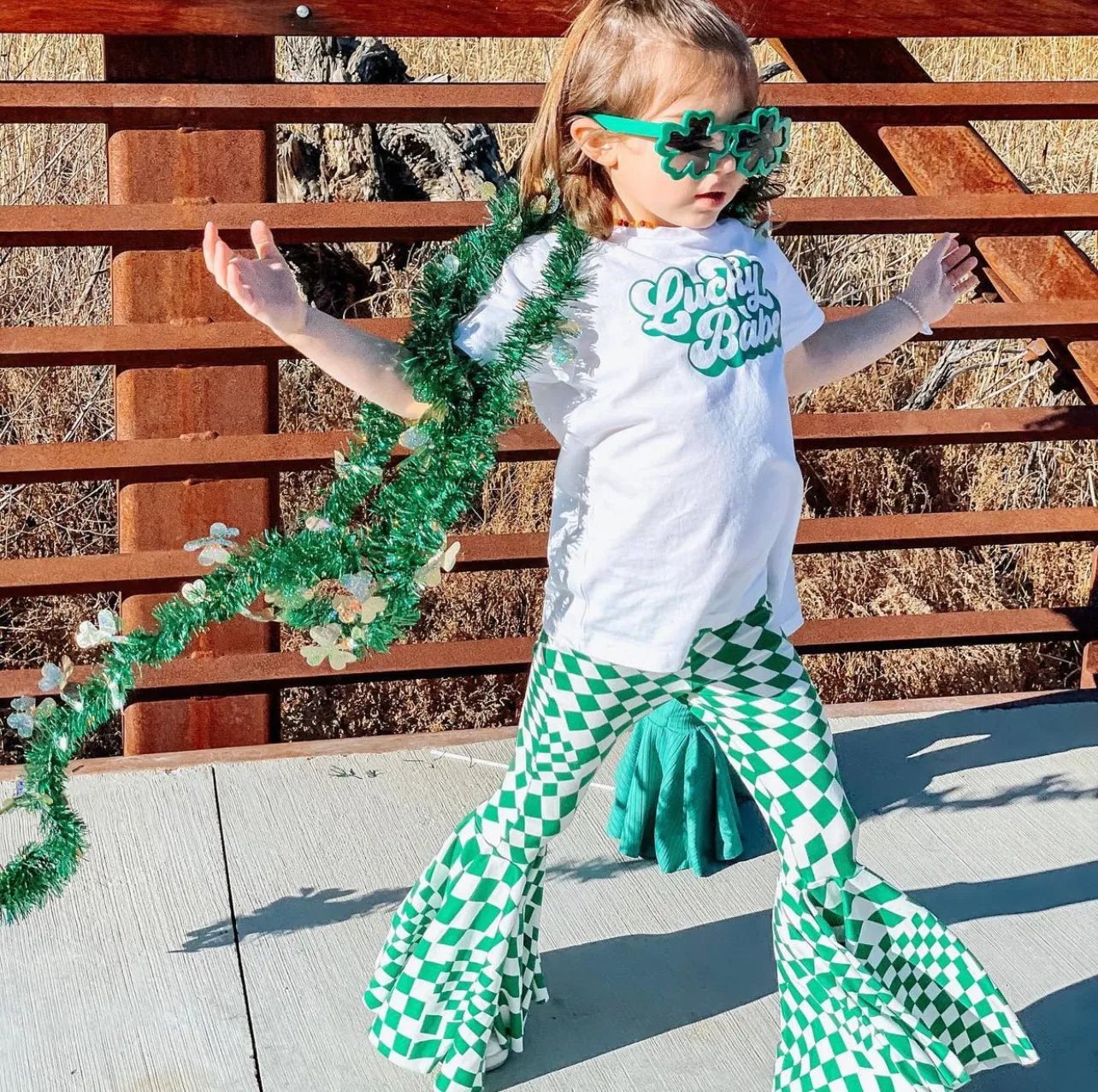 Green Checkered Print Bell Bottom Pants