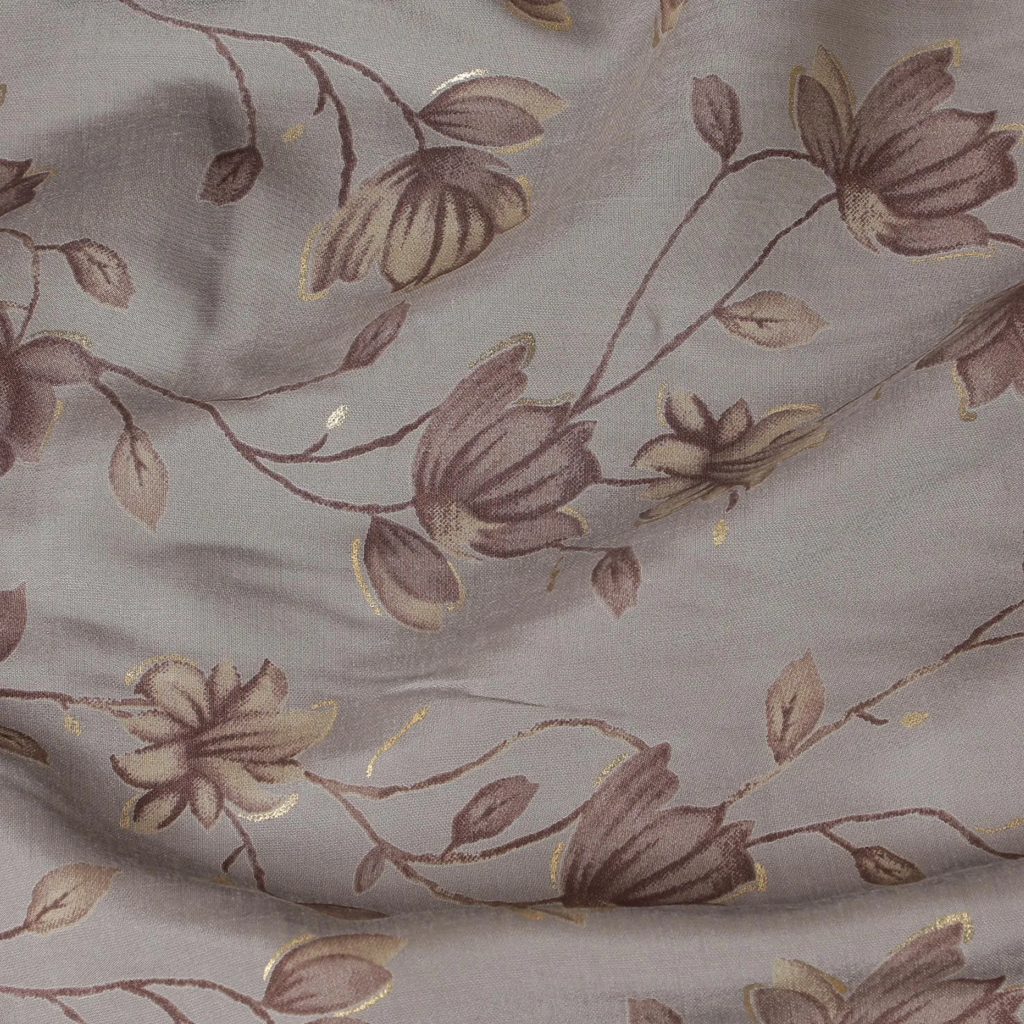 Grey Synthetic blended cotton fabric with brown, olive and gold foil print in floral design-D16734