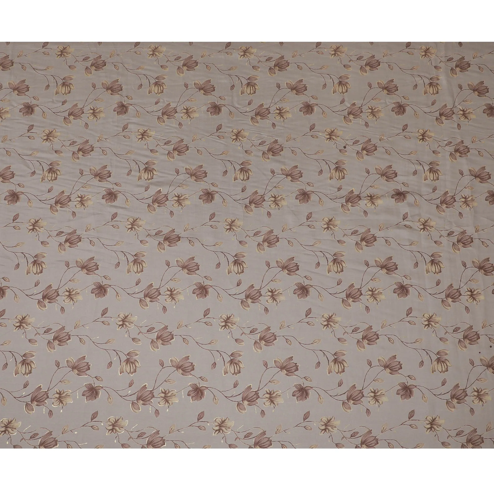 Grey Synthetic blended cotton fabric with brown, olive and gold foil print in floral design-D16734