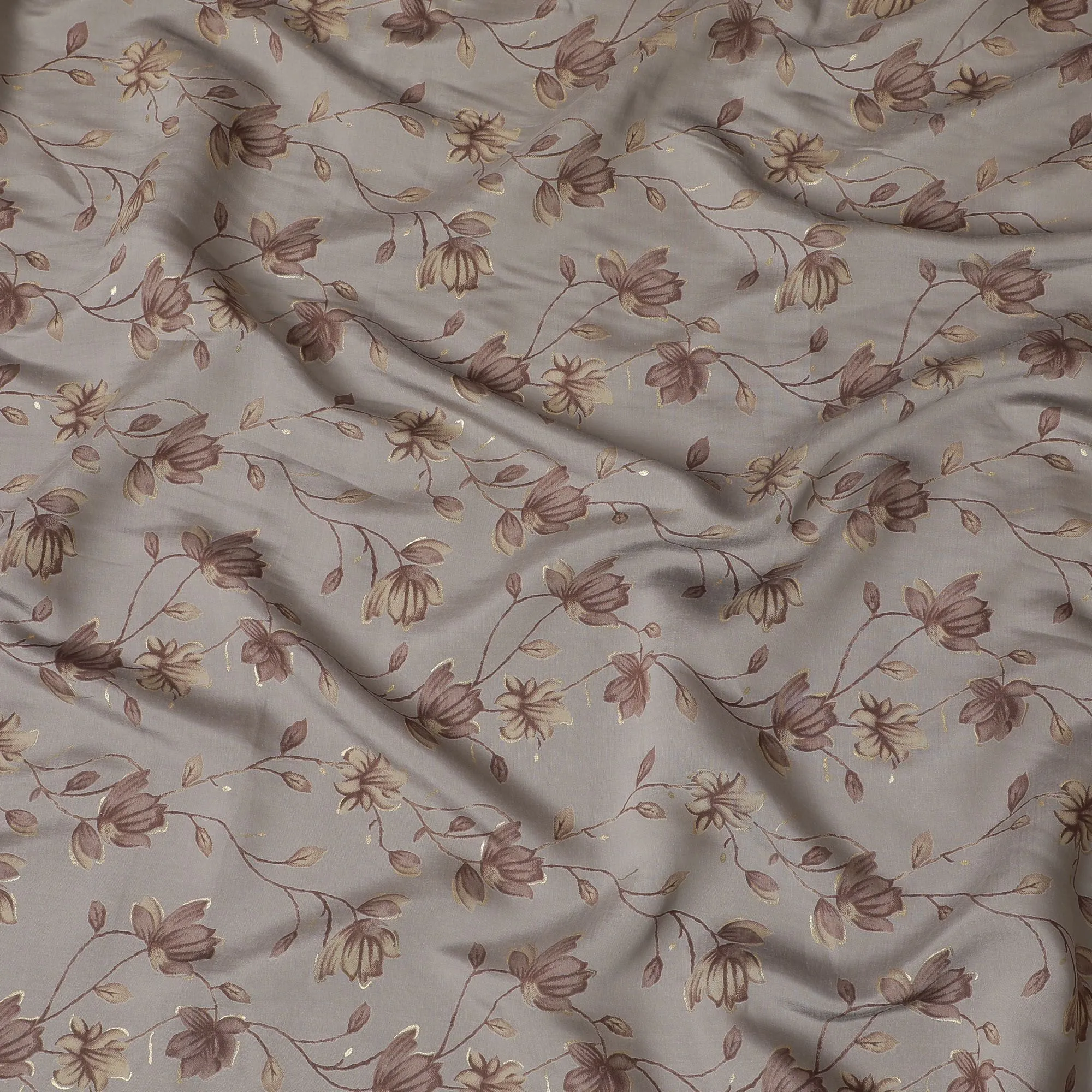 Grey Synthetic blended cotton fabric with brown, olive and gold foil print in floral design-D16734