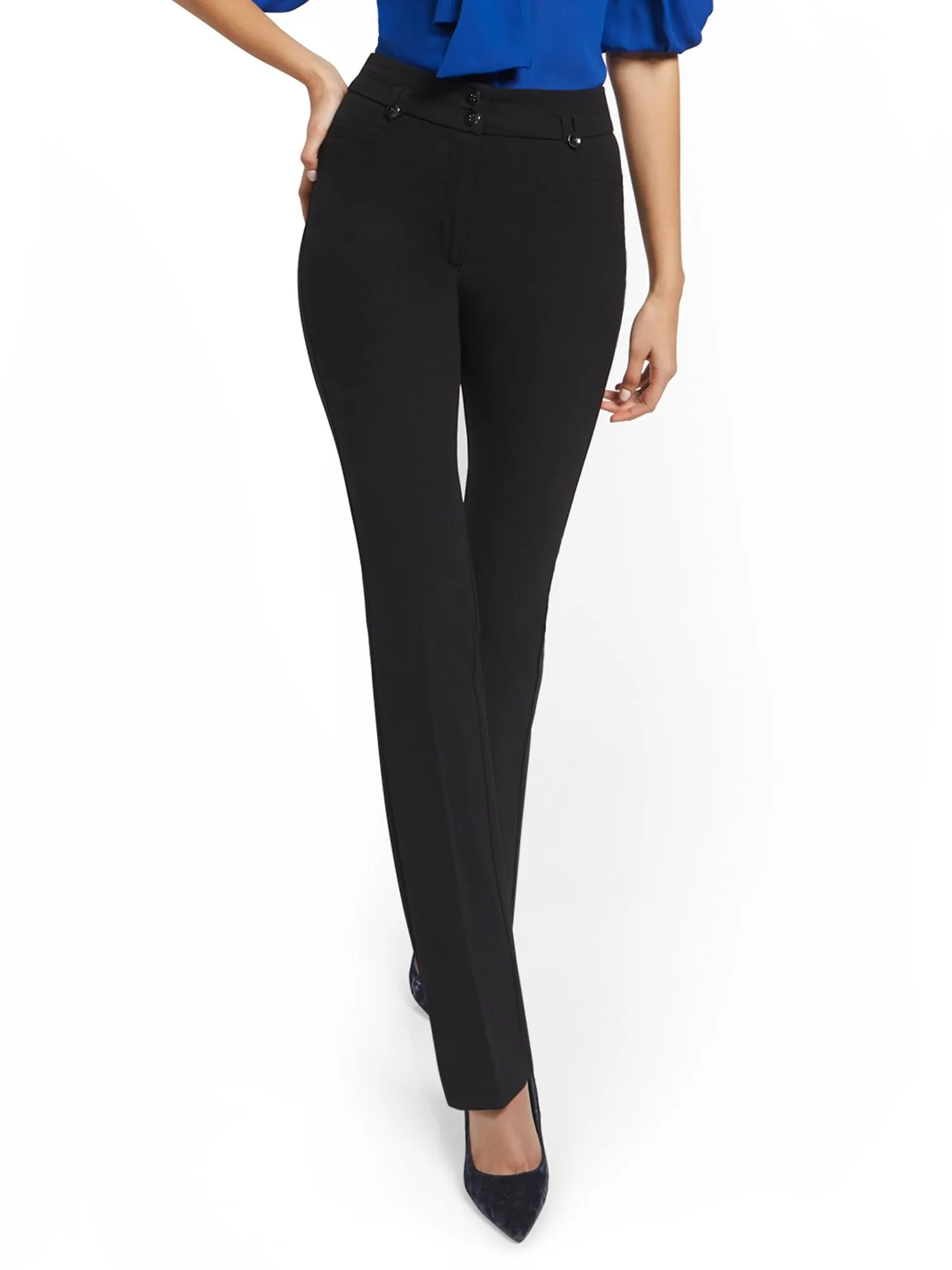 High-Waisted Two-Button Straight-Leg Pant - Essential Stretch - 7th Avenue