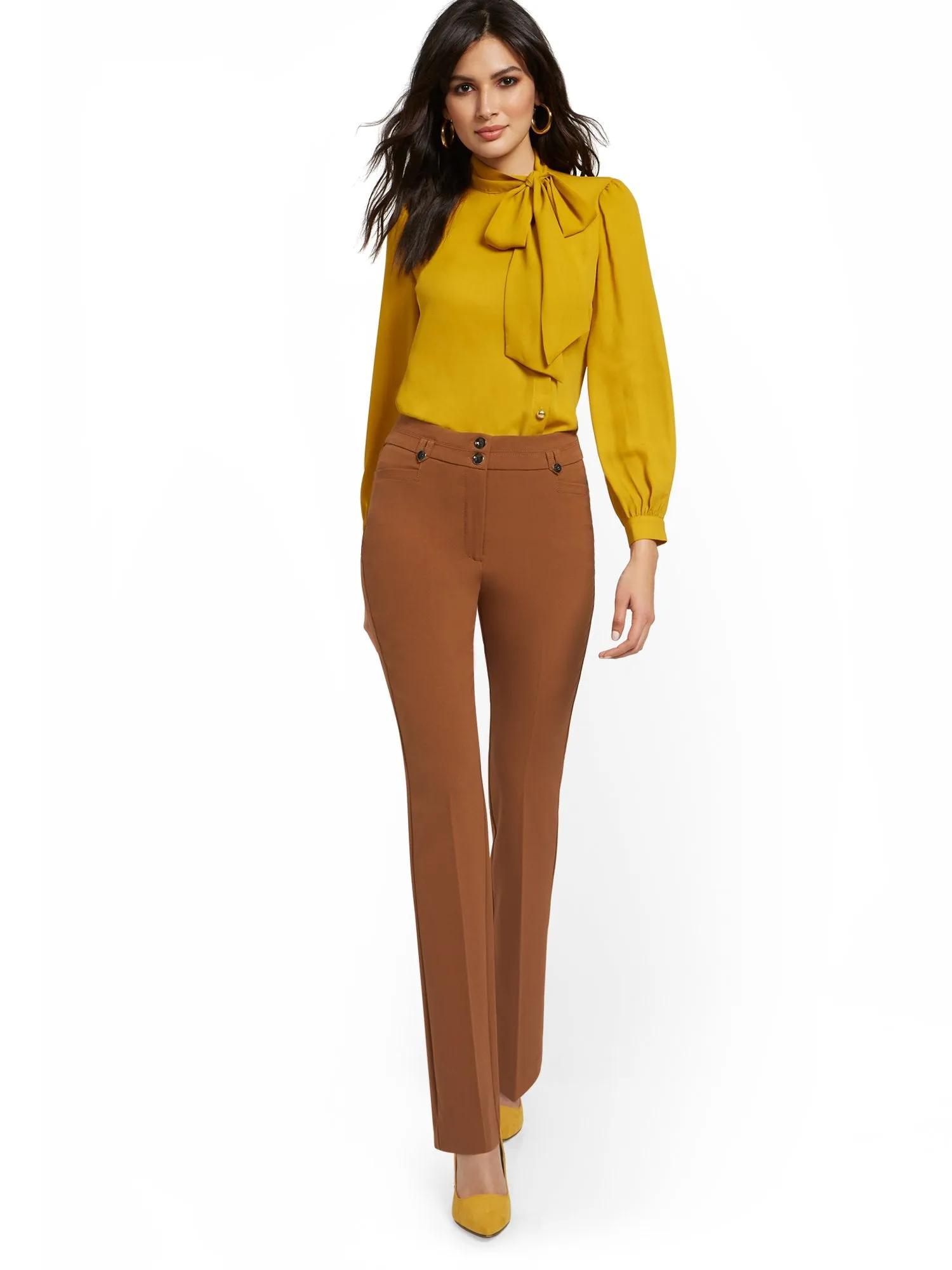 High-Waisted Two-Button Straight-Leg Pant - Essential Stretch - 7th Avenue