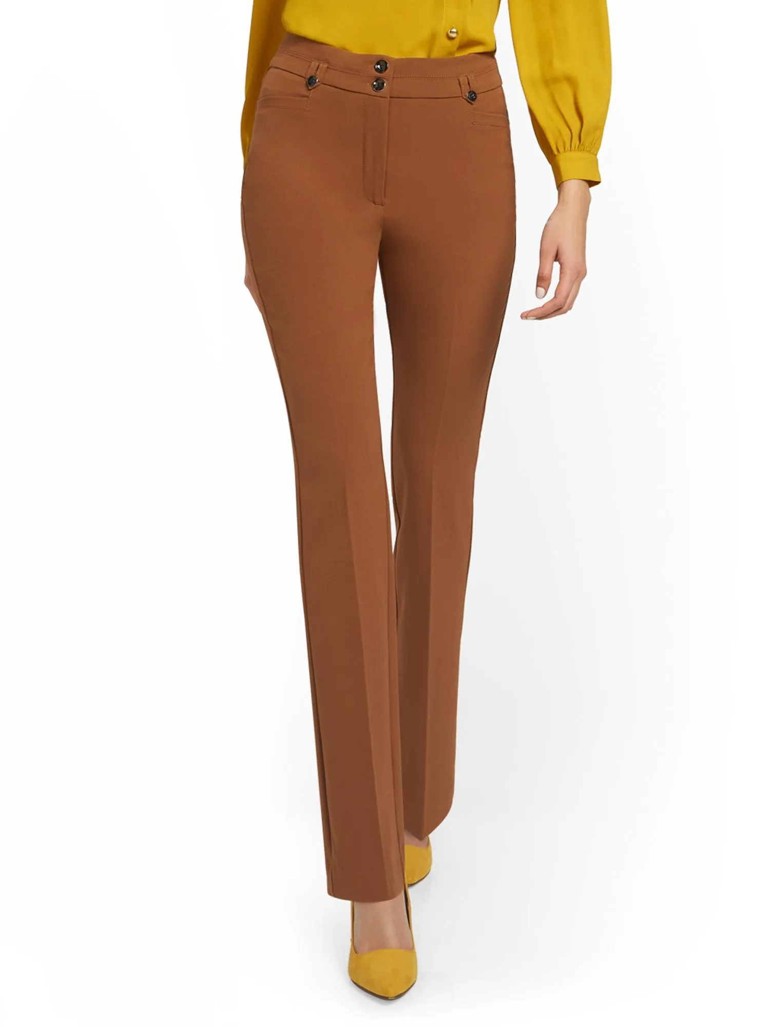 High-Waisted Two-Button Straight-Leg Pant - Essential Stretch - 7th Avenue