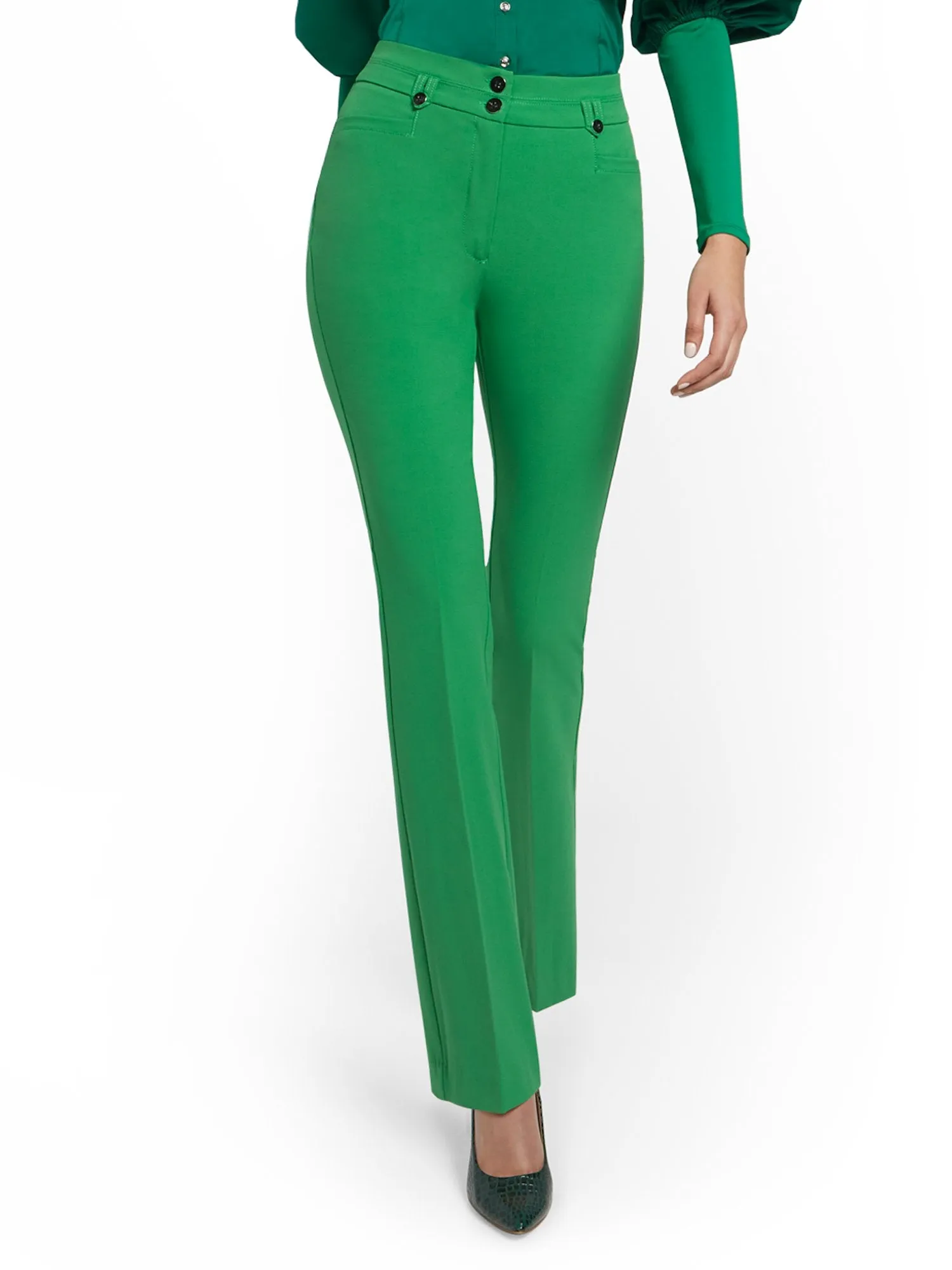 High-Waisted Two-Button Straight-Leg Pant - Essential Stretch - 7th Avenue