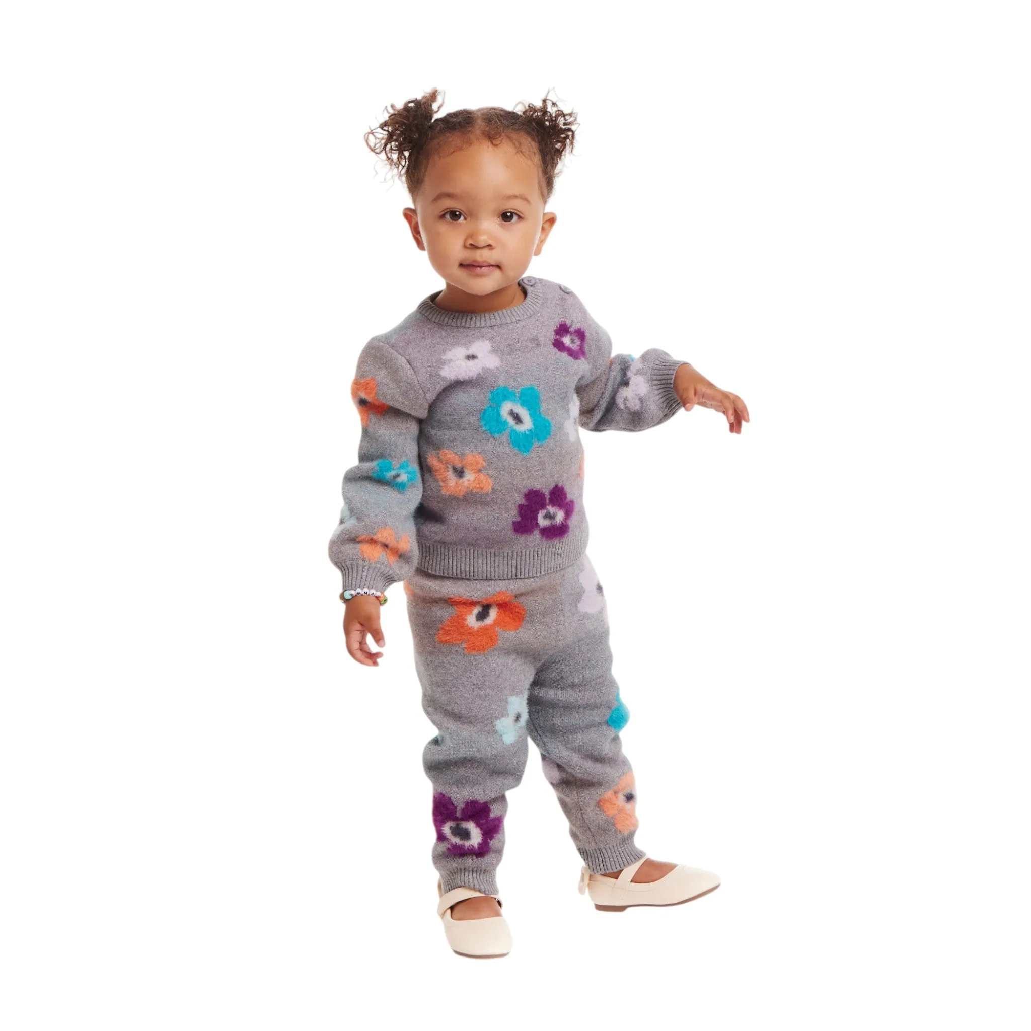 Infant 2-Piece Dove Grey Sweater & Pant Set | Eyelash Flowers