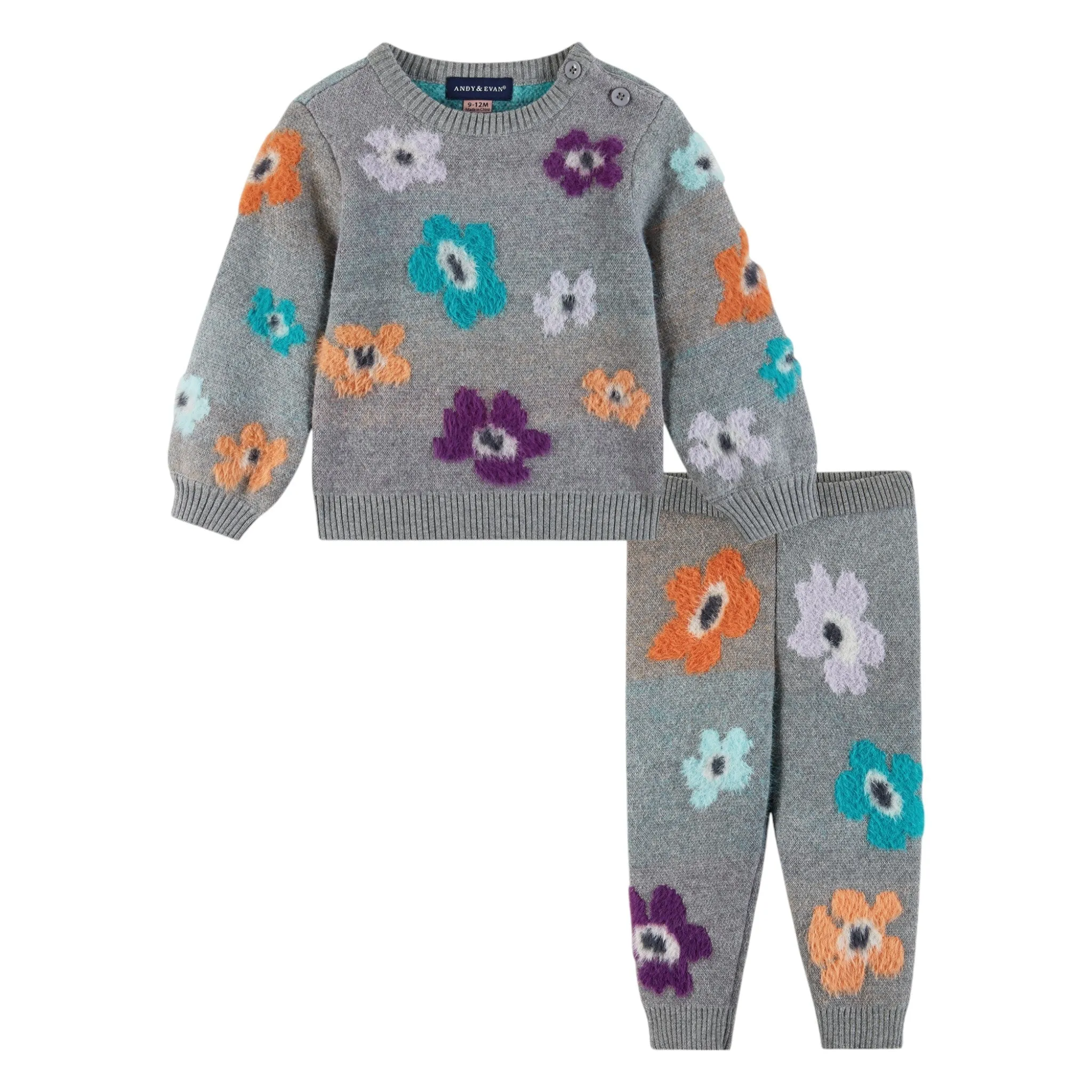 Infant 2-Piece Dove Grey Sweater & Pant Set | Eyelash Flowers