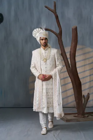 Ivory Sherwani Set With Floral Motifs And Mirror Work