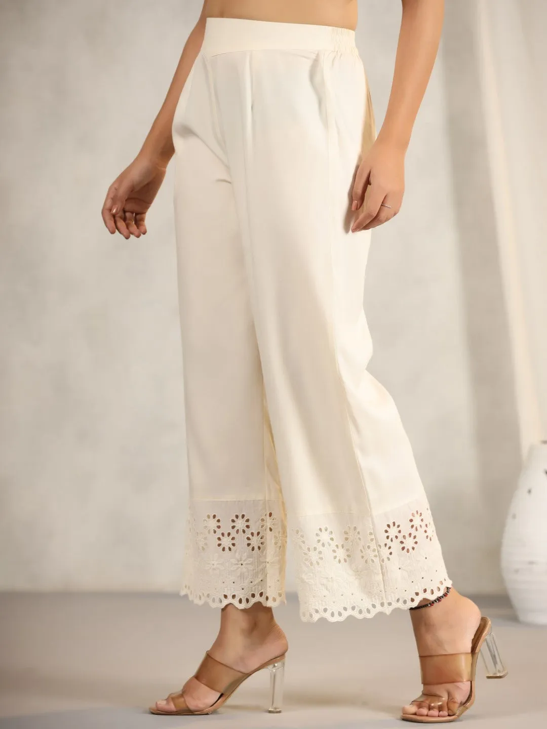 Jashvi Natural Solid Modal Rayon Women Pants With Schiffli At Hem & Side Pockets