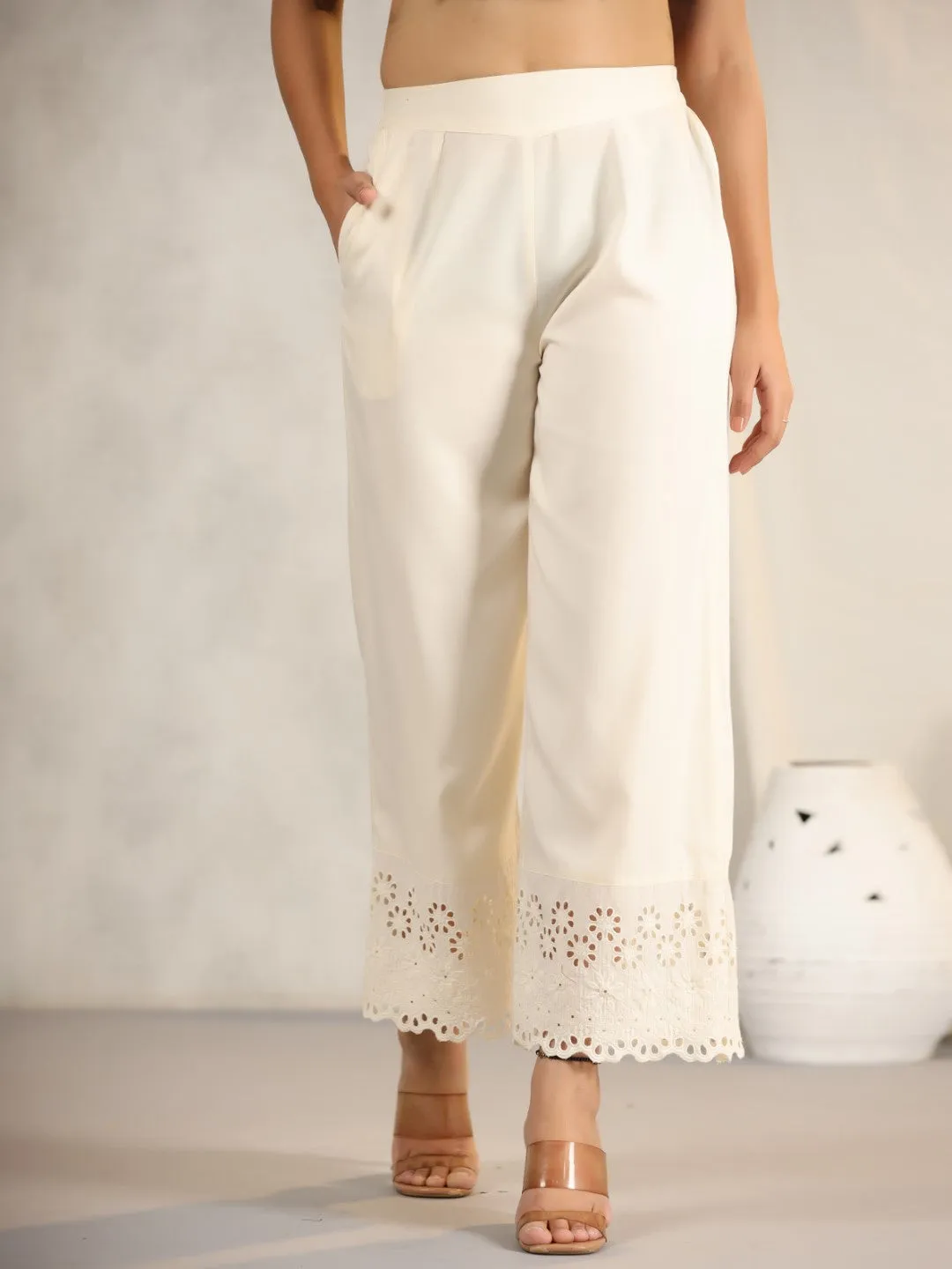 Jashvi Natural Solid Modal Rayon Women Pants With Schiffli At Hem & Side Pockets