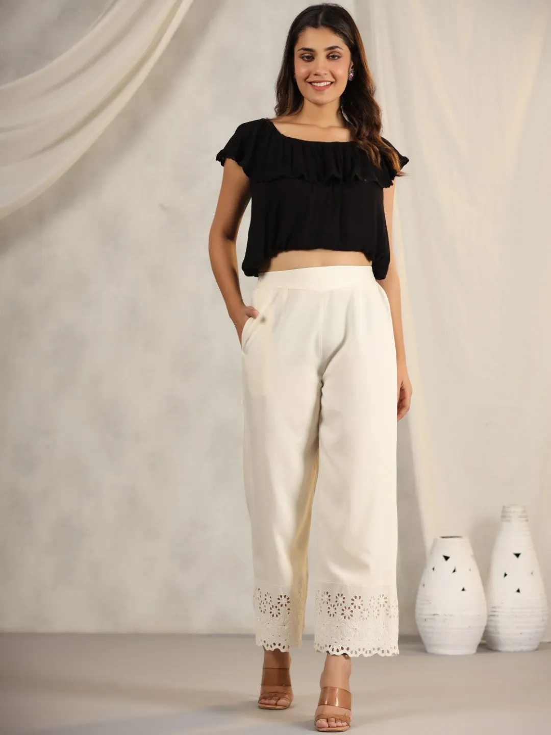 Jashvi Natural Solid Modal Rayon Women Pants With Schiffli At Hem & Side Pockets