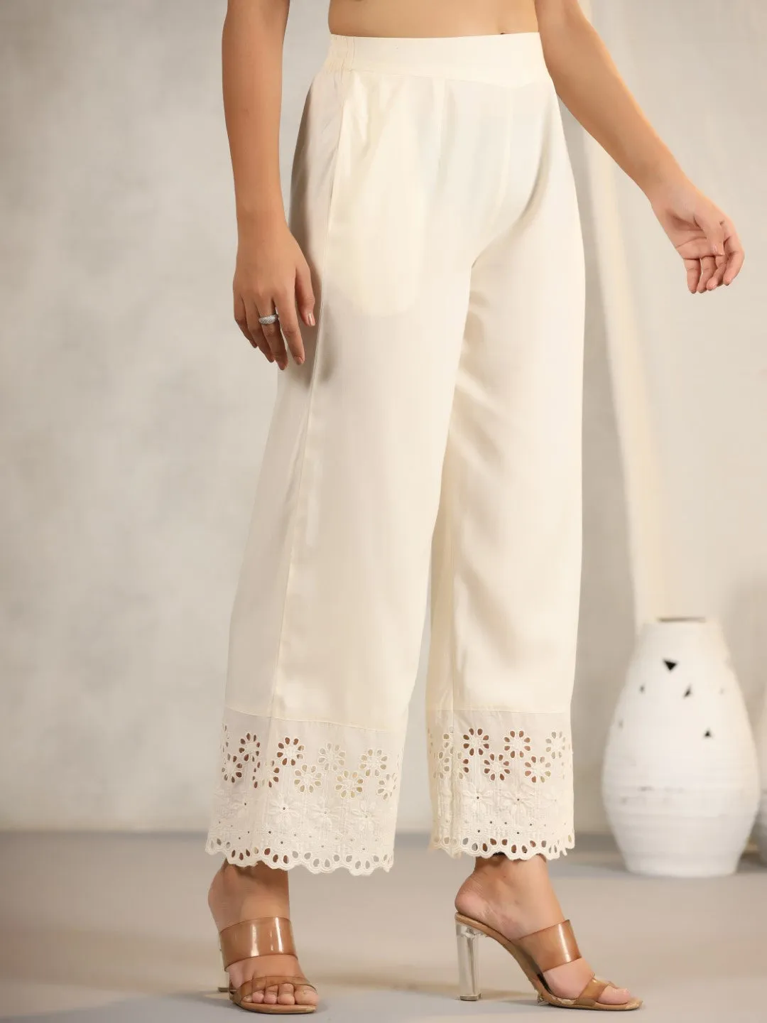 Jashvi Natural Solid Modal Rayon Women Pants With Schiffli At Hem & Side Pockets