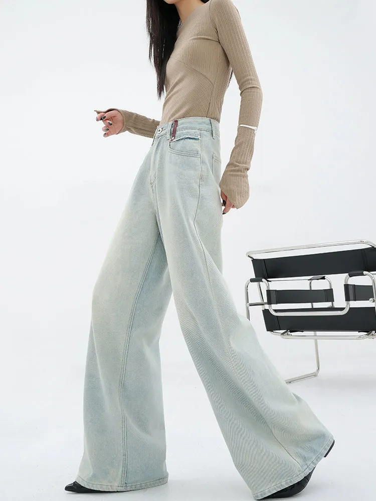 Light Blue Loose Straight Wide-Leg Denim Pants With Embroidery Design