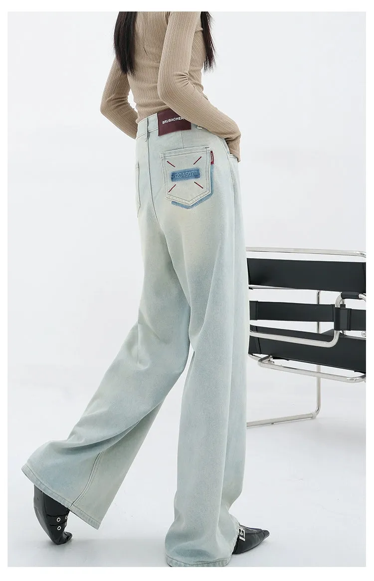 Light Blue Loose Straight Wide-Leg Denim Pants With Embroidery Design