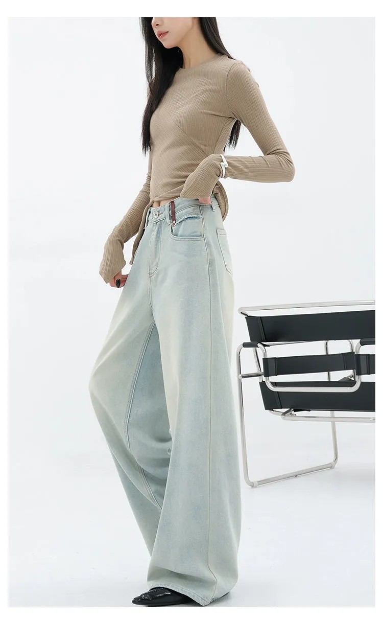 Light Blue Loose Straight Wide-Leg Denim Pants With Embroidery Design