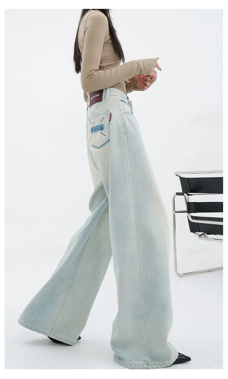 Light Blue Loose Straight Wide-Leg Denim Pants With Embroidery Design