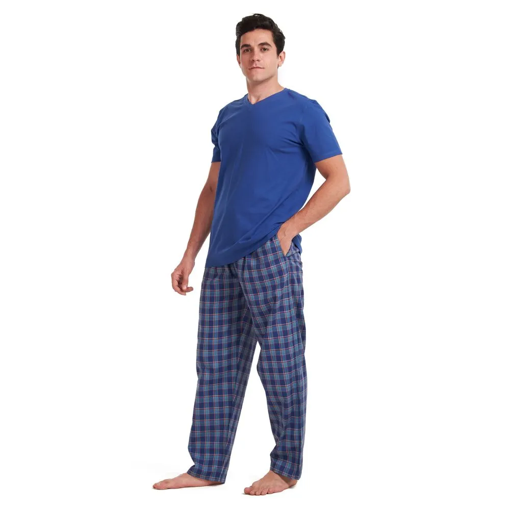 Men summer pajama set Indigo t-shirt   Dark Blue x teal checkered pants