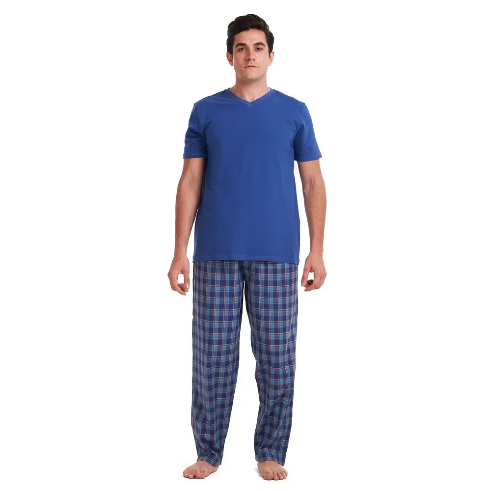 Men summer pajama set Indigo t-shirt   Dark Blue x teal checkered pants