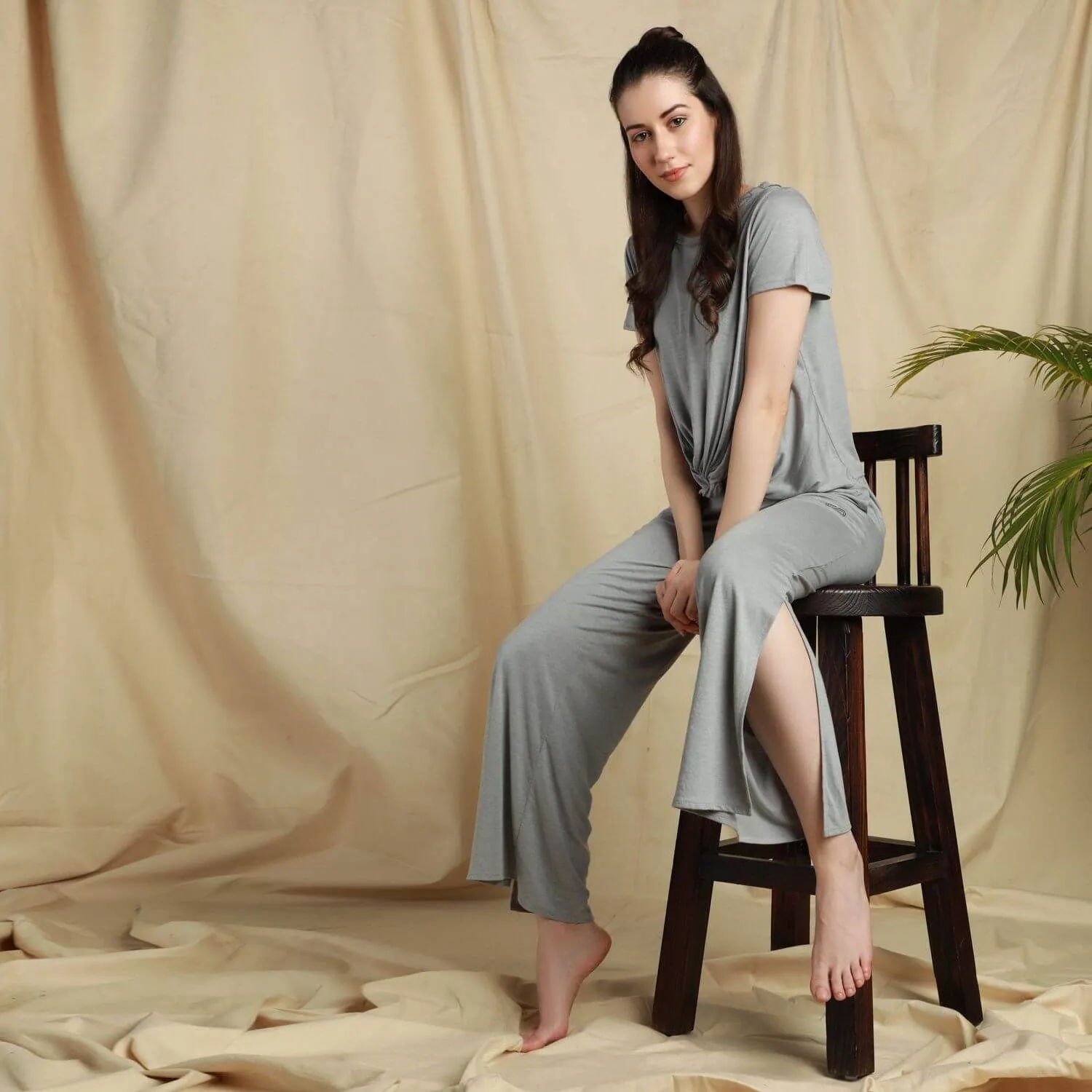 Modal Lounge Pants With Slit Grey Melange