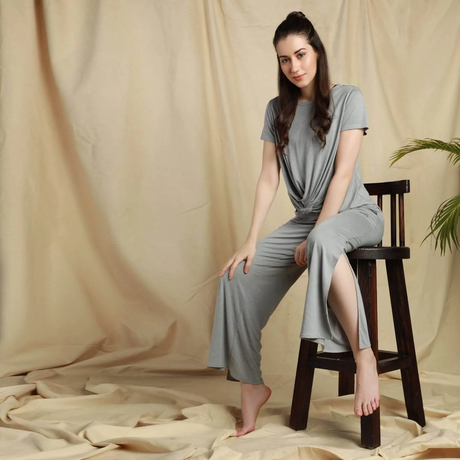 Modal Lounge Pants With Slit Grey Melange