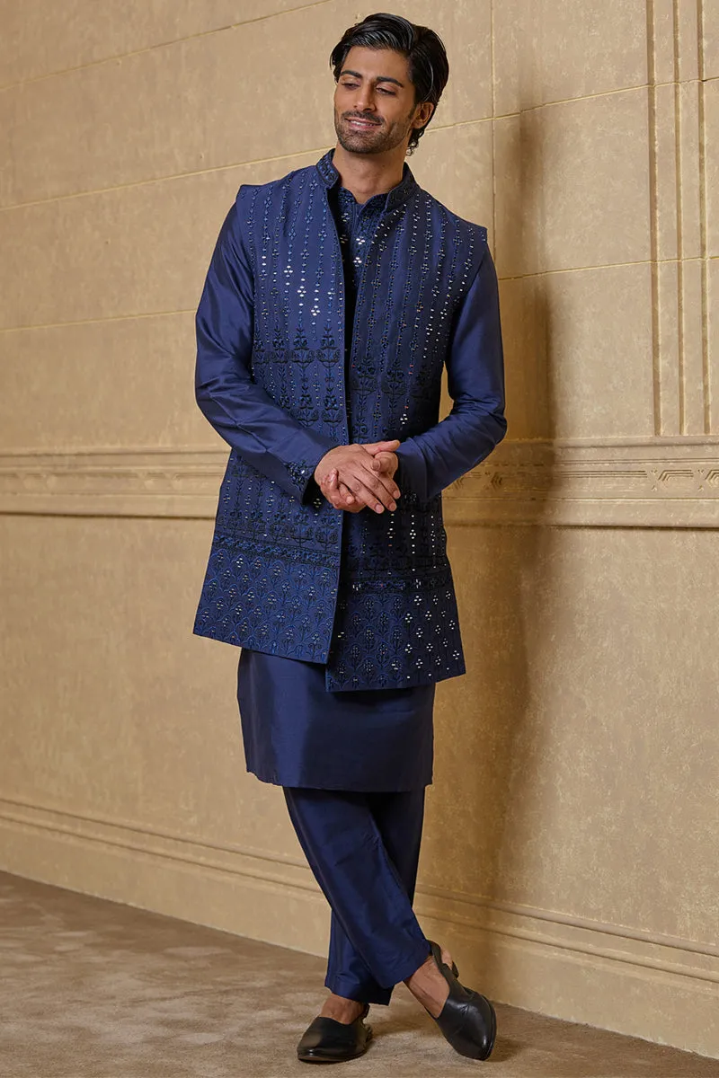 Navy Mirror Work Embroidered Kurta Bundi Set