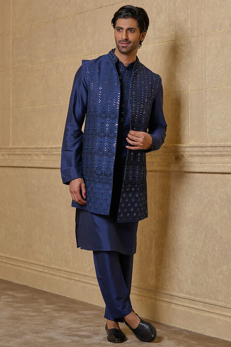 Navy Mirror Work Embroidered Kurta Bundi Set