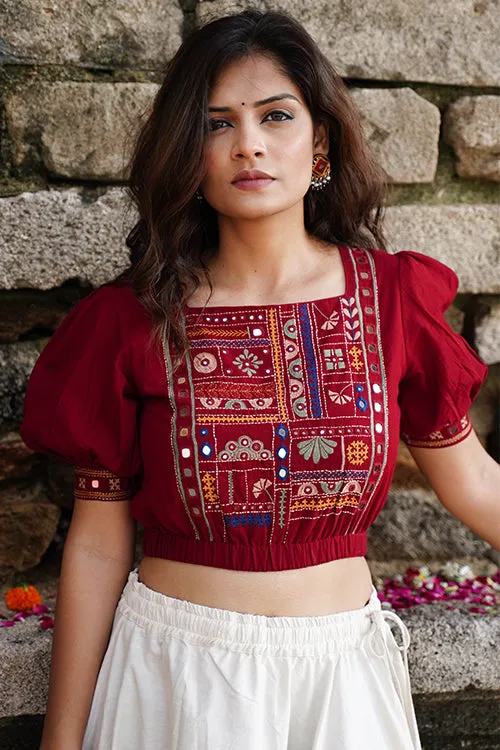 Okhai "Raas-Garba" Hand-Embroidery and Mirrorwork Brick Red Pure Cotton Blouse