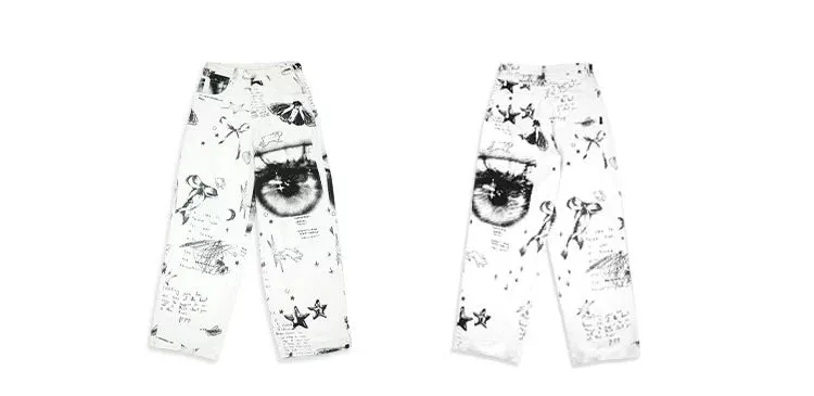 Patchwork Black & White Print Straight-Leg Pants