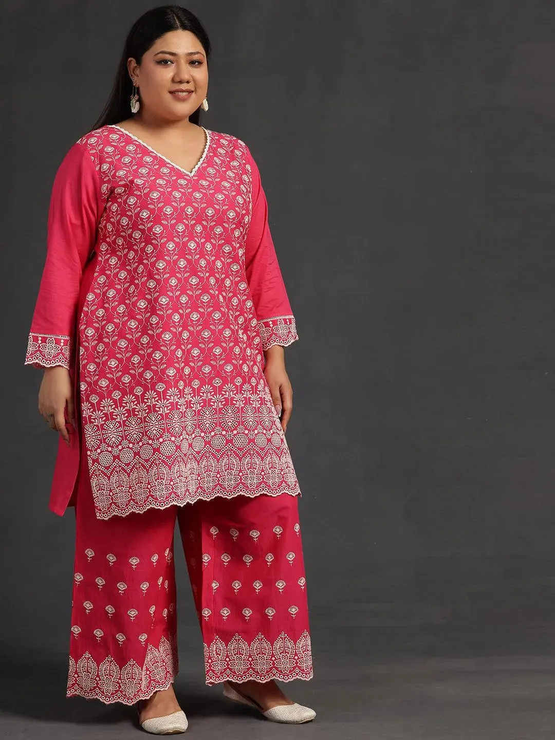 Plus Size Pink Embroidered Cotton Co-Ords