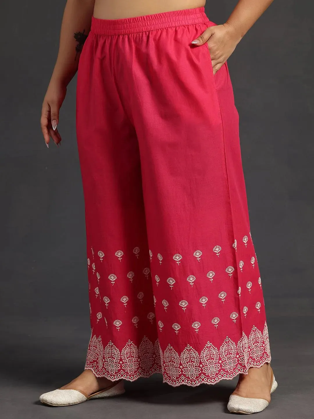 Plus Size Pink Embroidered Cotton Co-Ords